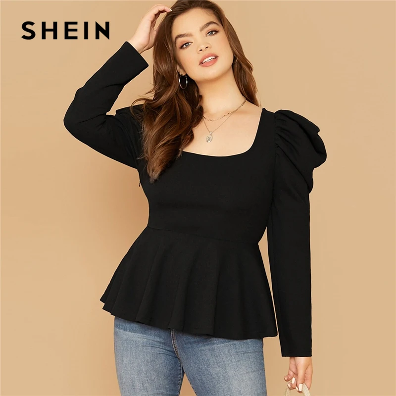 SHEIN плюс размер, черный топ с рукавами с баской, Женский Осенний однотонный квадратный вырез, элегантный офисный женский топ и блузки
