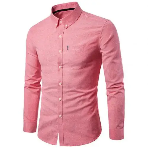 Весенняя официальная рубашка с длинным рукавом для мужчин, однотонная тонкая Базовая рубашка с отложным воротником, деловая одежда, рубашки, мужская рубашка - Цвет: Watermelon Red