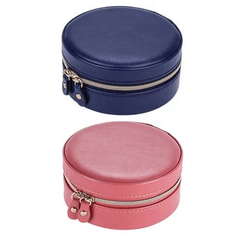 

2x Round Jewelry Box Travel Zipper Pu Leather Jewellery Packaging Display Organizer Gift Box Blue & Red