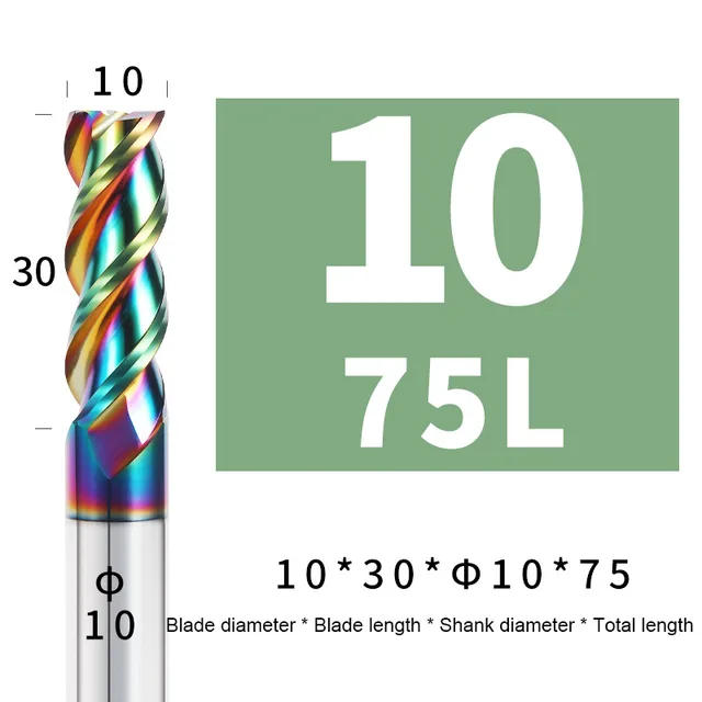 Colorful End Mill Aluminium HRC55 3F Milling Cutter Acrylic Wood Copper Plastic Cutting Tool CNC Maching Milling Tools Endmils 10X30XD10X75L