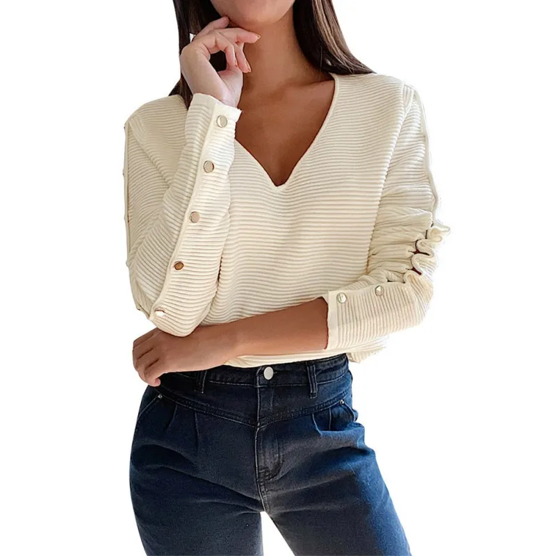 

Spring Autumn Fashion V-neck T-shirt Pullover Women Casual Solid Color Button Long Sleeve T-shirts Lady Temperament Knitted Tops