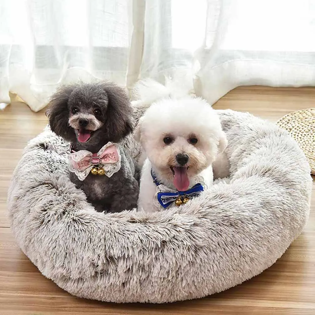 Newly Pet Dog Cat Calming Bed Round Nest Warm Soft Plush Comfortable for Sleeping Winter Long Plush Soft Pet Bed Calming Bed