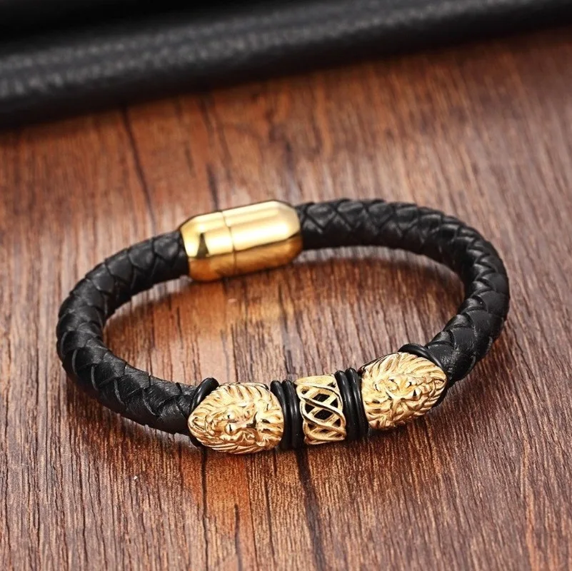 Leather Bracelets Leather Bracelet Magnetic Bracelet Classic Punk Metal Lion Magnetic Buckle Leather Bracelet Men's Charm Rock Party Jewelry