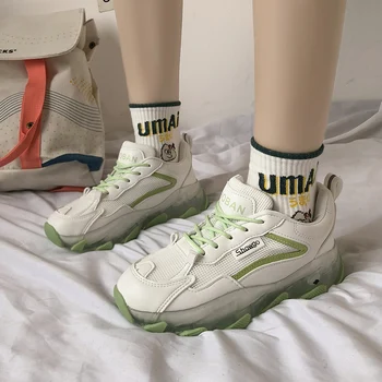 

2020 Nian Spring Fashion Korean Jelly Bottom Shock Absorption Slip Breathable-style Women's Running White Sneakers Dad Shoes