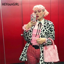 HEYounGIRL Cow Animal Printed Teddy Bear Coat Autumn Winter Fluffy Faux Fur Suit Jacket Double Breasted Overcoat Streetwear