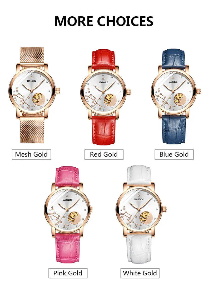HAIQIN Лидирующий бренд роскошные женские часы кожаный ремешок автоматические механические часы розовое золото модные женские часы под платье reloj mujer