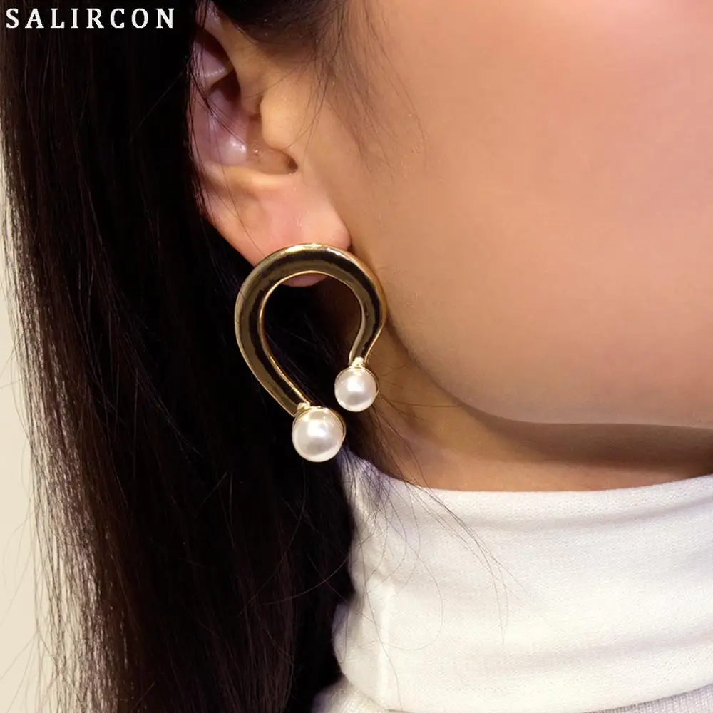 

Salircon Charm Gold Sliver Alloy Earrings Asymmetric Party Earrings Elegant Imitation Pearl Pendant Earring Women Jewelry Gift