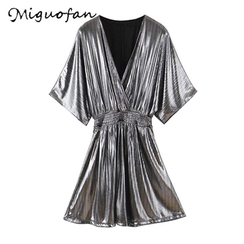 

Miguofan Party Dress Fashion Short Sleeve Sliver Shining Sexy Evening Club Mini Dress Summer Deep V neck Ruched Dresses za 2020