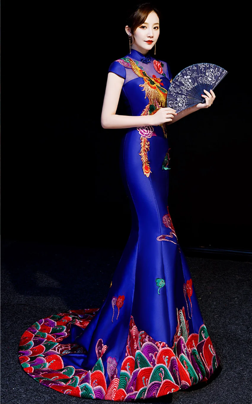 Синее китайское традиционное платье современный Ципао свадебное Cheongsam длинное вечернее платье вечерние сексуальные спинки vestido