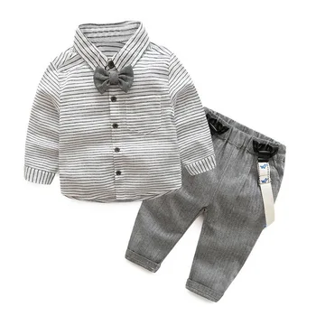 

2020 new hot sale Baby Boy Gentleman Clothes Suits Toddler Cotton Long Sleeve Bowtie Striped Shirt+Overalls Pants Infant Outfits