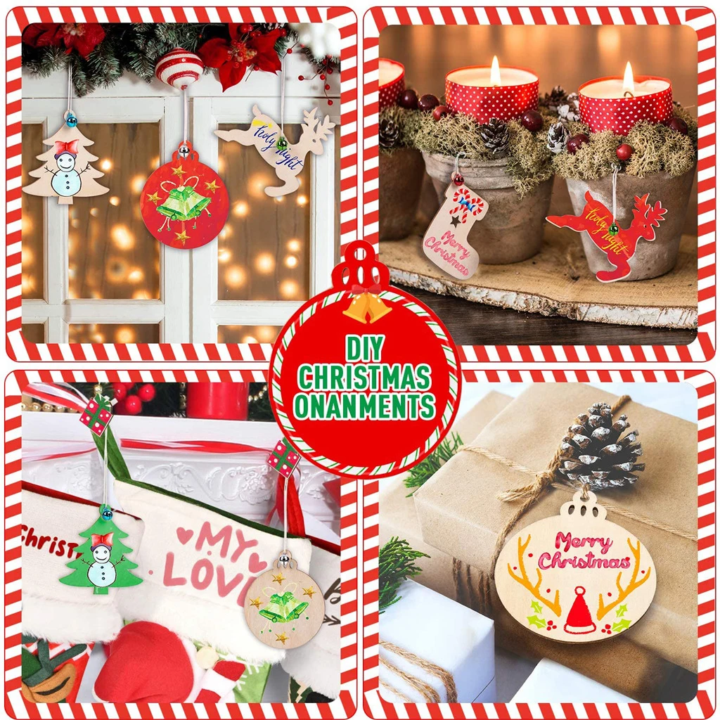 62pcs Christmas Wood Chip Tree Ornaments Xmas Hanging Pendant Decorations