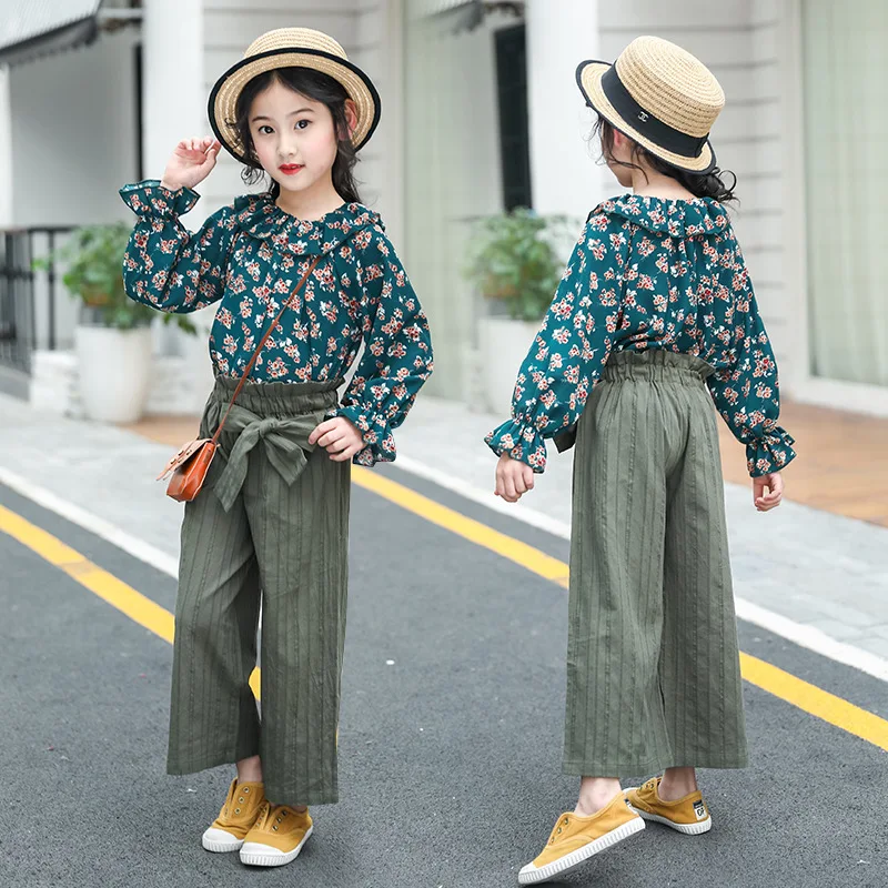 

Girls Bell Sleeve Base Shirt And Loose Pants Two-Piece Set 2018 Spring And Autumn CHILDREN'S Suit