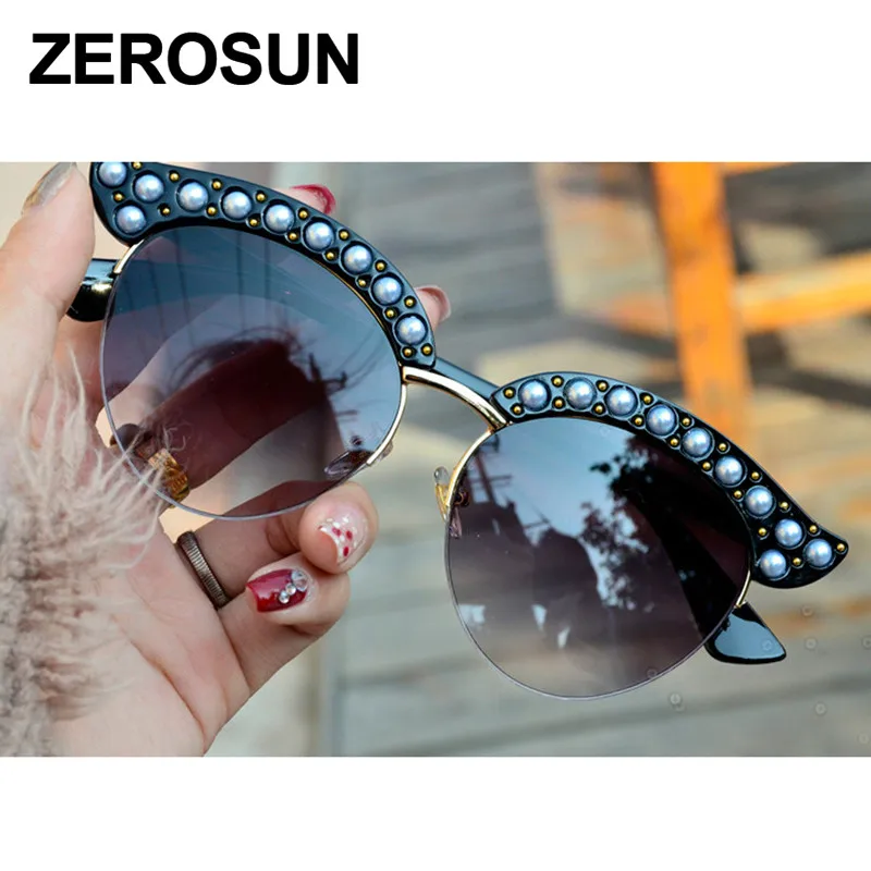 Zerosun кошачий глаз солнцезащитные очки женские жемчужные солнцезащитные очки для женщин Кошачий глаз полуоправы градиентные винтажные оттенки - Цвет линз: Серый