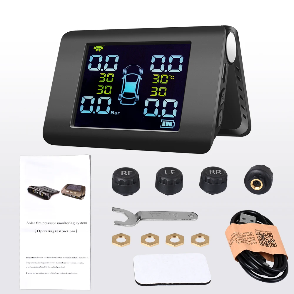 TPMS Solar Power Tyre Pressure Monitoring System with LCD Real-time Display Car Tire Pressure Auto 4 Sensors Alarm System