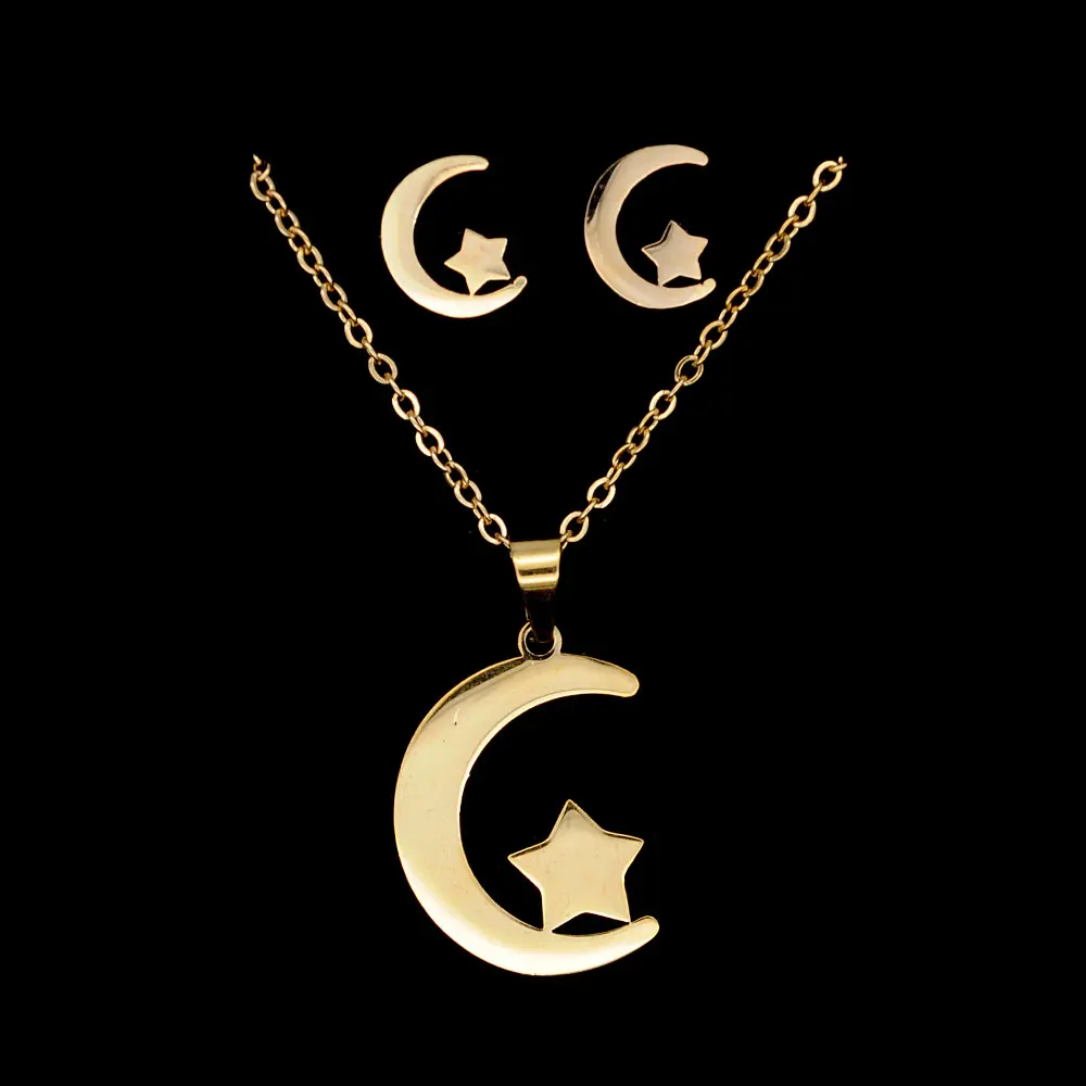 Нержавеющая сталь PVD золото заполненная Луна Звезда Серьги Ожерелье ювелирный набор серьги-гвоздики Прямая поставка AAAAA качество торговля