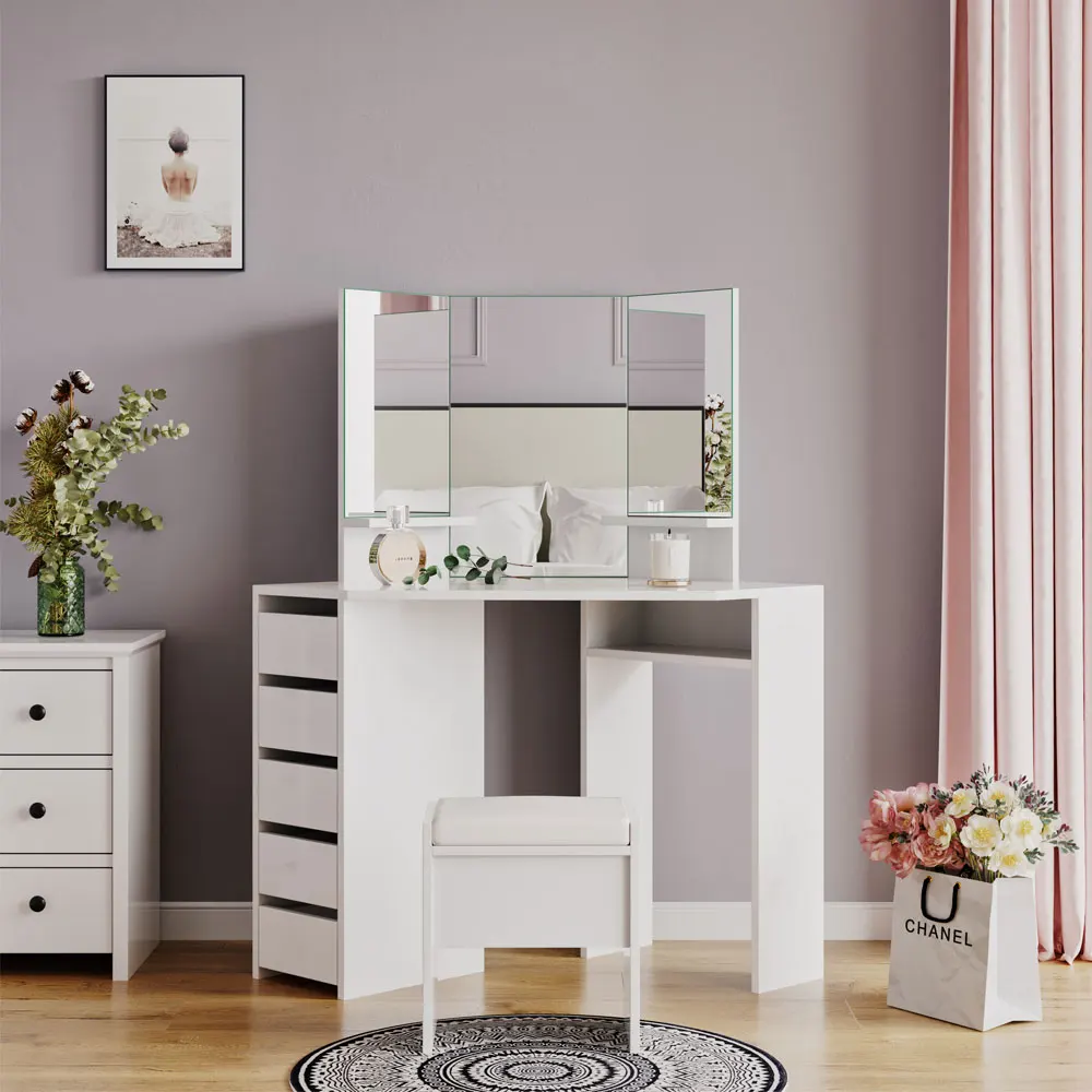 Big Promo Panana Dressing Table With Mirror Curved Pentagon Shape Modern Dresser Desk For Bedroom Jewelry Makeup Organizer White