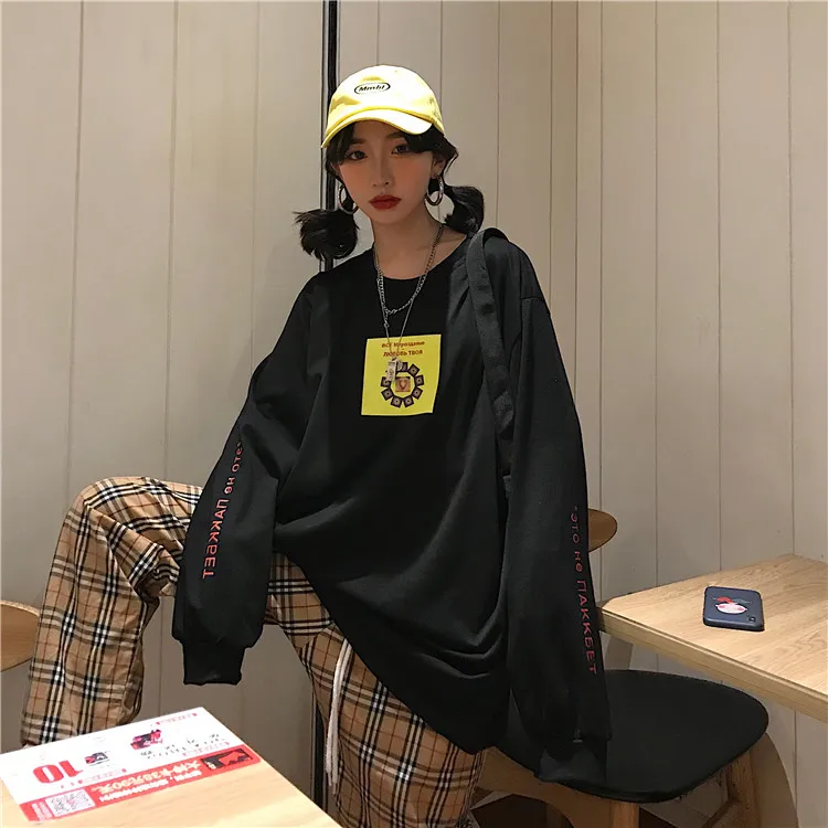 Harajuku модная футболка для женщин осенняя одежда корейский стиль Ulzzang хип хоп длинный рукав футболка Женская Повседневная зеленая футболка