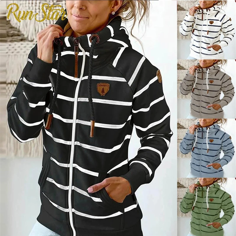 

Women Hoodies Autumn Winter Zipper Stripe Pocket Female Sweatshirt Casual Long Sleeve Thick Warm Female Pullover Tops Coat
