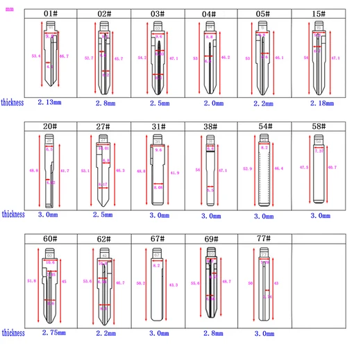 10 개/몫 KD Key Blade #02 #04 #15 #20 #27 #31 #38 #54 #58 #62 #67 #69 #77 기아 도요타 V-W 포드 르노 플립 용 블랭크 블레이드 자동차 키 블레이드 5