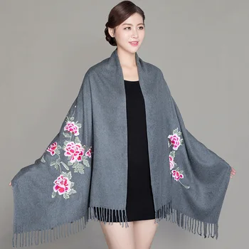 

Oversized New Winter Warm Solid Scarf For Women/Lady Soft Cashmere Pashmina Shawls Flower Embroidery Cashmere Female Wraps Capes
