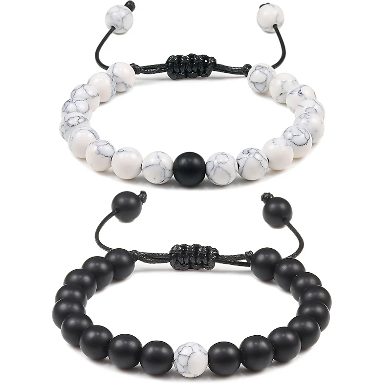 Adjustable Couples Distance Beaded Bracelets Natural Stone Lava Matte White Black Braided Bracelet for Men Women Gifts Pulseiras