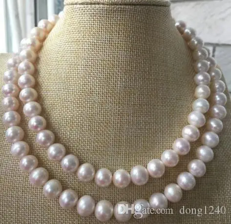 

Free Shipping double strands 10-11mm white round pearl necklace 18 "19" 925