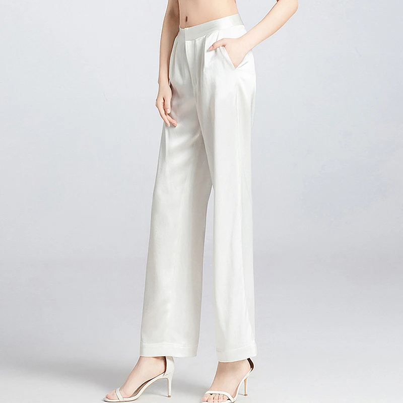 100% Silk Pants Women Plus Size White Loose Straight Waist Trousers ...
