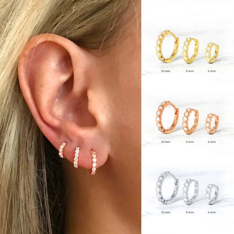 Pendientes de aro de circonia cúbica para mujer, de Plata de Ley 925 de 6mm/8mm, aretes redondos pequeños de oro/oro rosa/plata, joyería de moda