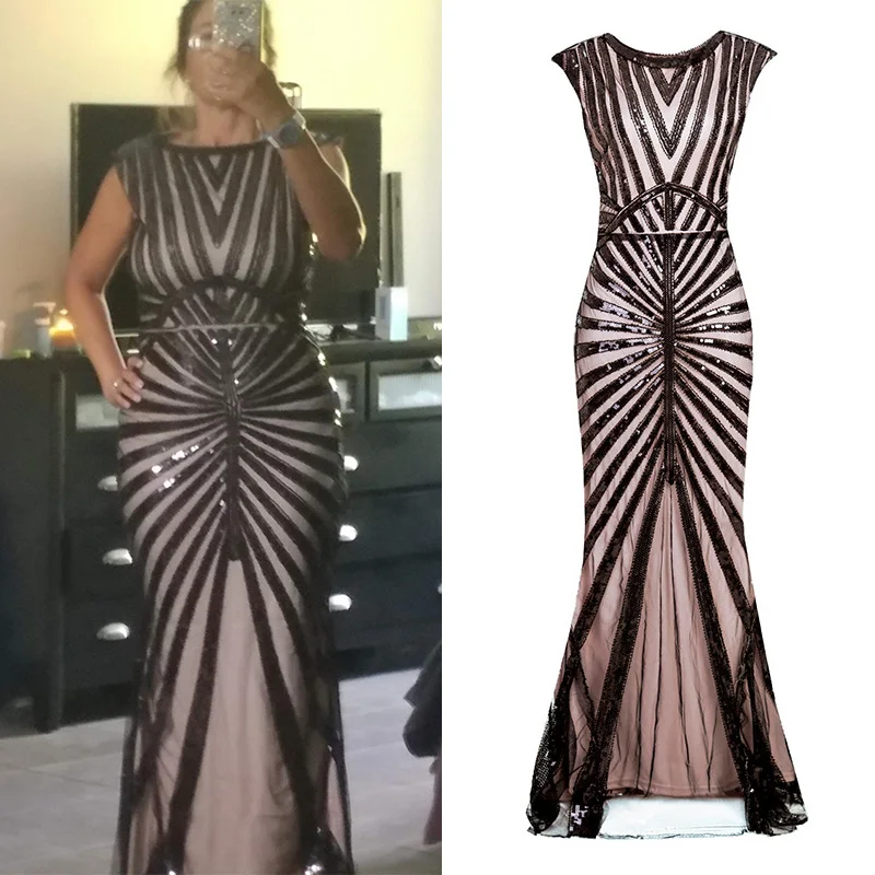 

Women 1920s Long Prom Flapper Gown Beaded Sequin Vintage Maxi Wedding Gatsby Formal Party Dress (Black/Pink/Green/Silver)