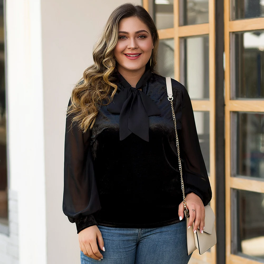

FADZECO Winter plus size women Black Top Bow Tie Long Sleeve Top Casual Fashion Shirt Winter Plus Size Women's Shirt