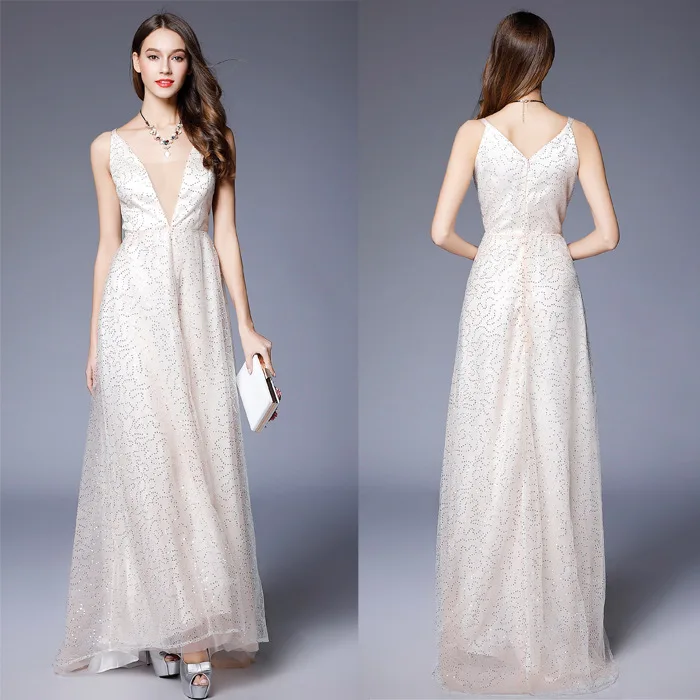 

Ck760 New Style V-neck Sequin Embroidery Gauze Sleeveless Maxi Elegant Slim Fit Elegant Banquet Party Evening Gown