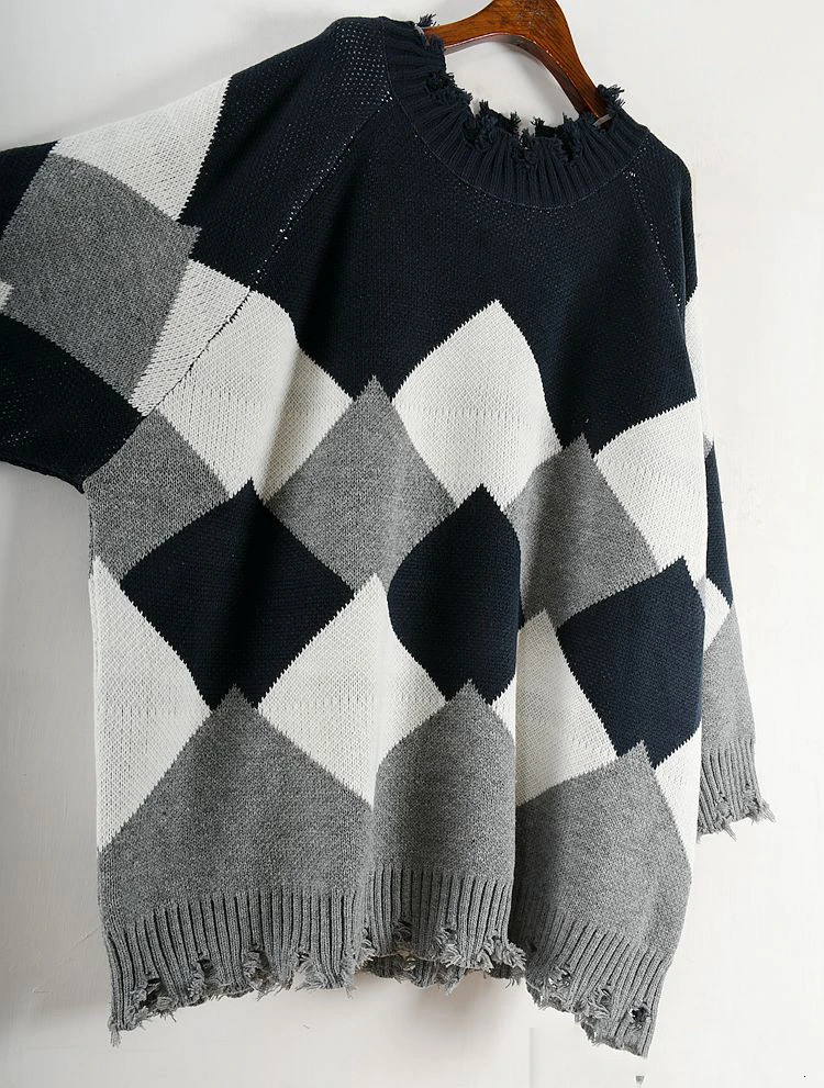New Fashion Autumn Winter Round Neck Long Sleeve Geometric Printed Pullover Loose Knitting Sweater Women N754