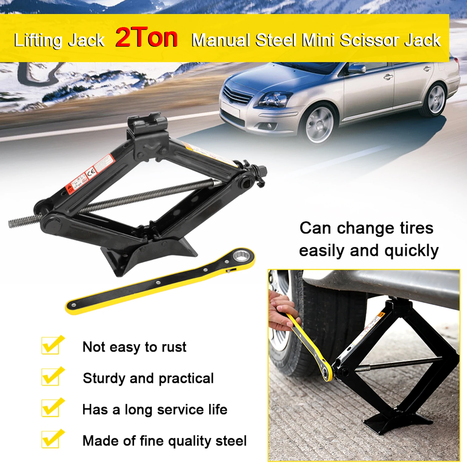 

2T Mini Scissor Jack Manual Lifting Jacks Car Steel 2 Ton Black Lifting Jack With 17mm Ratchet Wrench for Auto Tire Repair