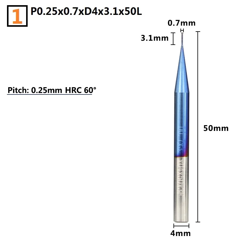 P0.25x0.7xD4x3.1x50L 1 шт. 0,7-3,9 мм P0.25-P0.8 однониточная Концевая фреза с нано синим покрытием твердосплавные концевые фрезы Резьбовая фреза 4 мм хвостовик фреза с ЧПУ - Длина режущей кромки: P0.25x0.7xD4x3.1x50L