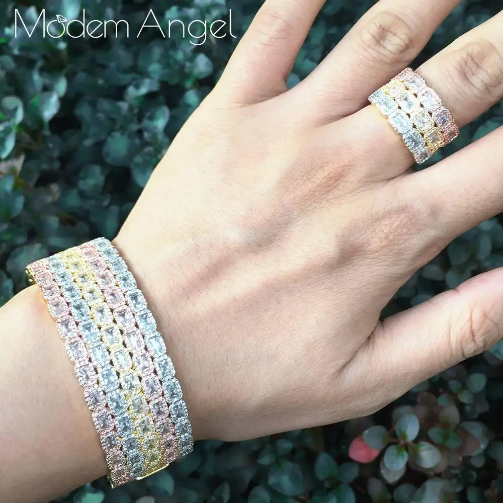 

ModemAngel luxury Unique African Bangle Ring Set Jewelry Sets For Women Wedding Cubic Zircon Crystal CZ Dubai Bridal Jewelry Set
