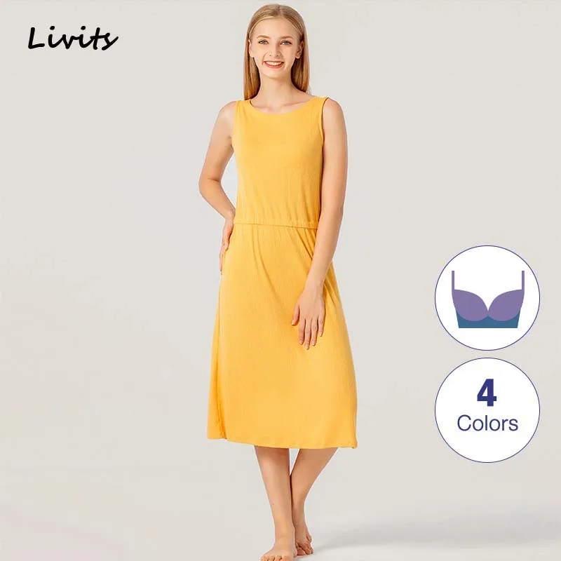 

Women's Female Dresses Modal Built-in Bra Round Neck Sleeveless Long Sundress A-Line Solid Elasticity Plus Size SA0090