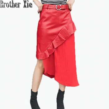 

Women Irregular Lambskin Spliced Midi Long Genuine Leather Skirt Elegant Ruffles Real Leather Skirt With Belt Streetwear Female