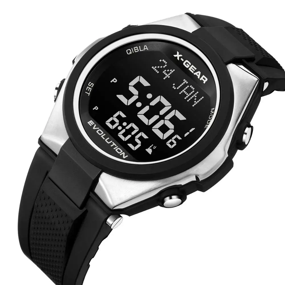 Мусульманские часы для молитвы с Azan Time X-GEAR 3880 Qibla Compass и Hijri Alfajr наручные часы для исламских детей подарок Рамадан - Цвет: Серебристый