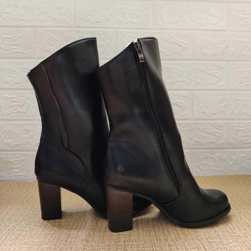 

Vintage Women Riding Boots Retro Brown Black Leather Middle Boots For Ladies Pointed Toe High Heel Shoes Woman Square Heel Shoes
