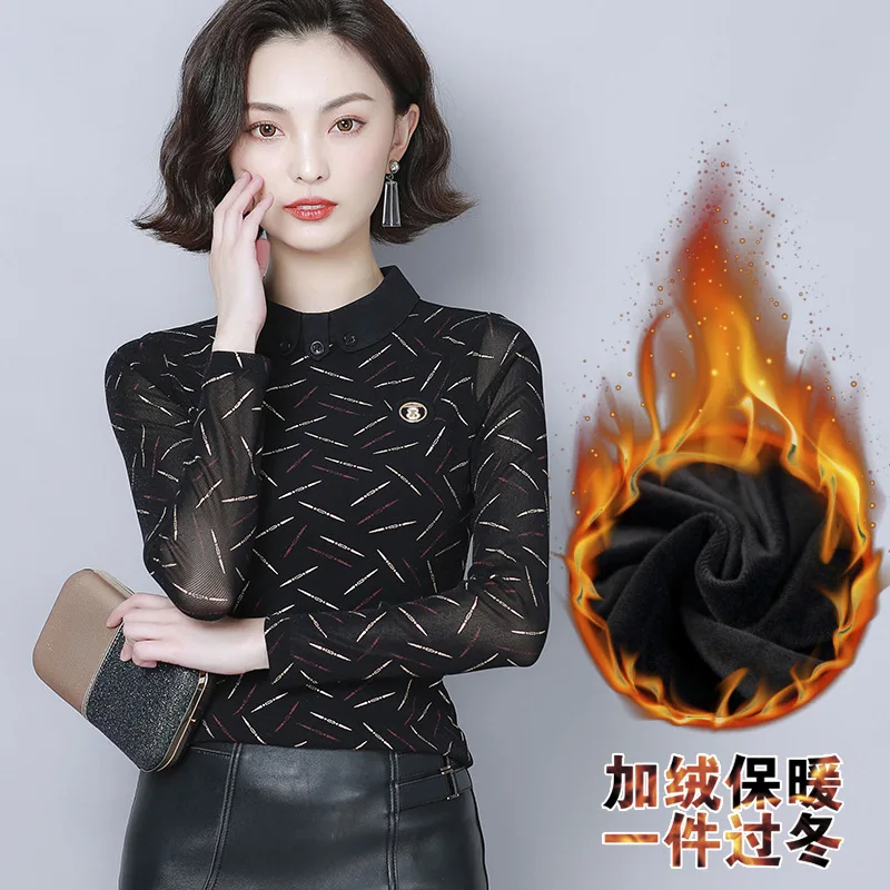 

Anqi Pull 2019 Autumn And Winter Printed Liangsi Gauze Peter Pan Collar plus Velvet Base Shirt Versitile Fashion Long Sleeve Wom
