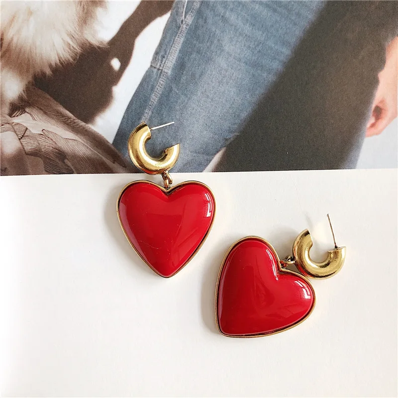 AOMU Vintage Lovely Exaggeration Red Heart Pendant Earring S925 Sterling Silver Pin Drop Dangle Earring For Women Jewelry Set