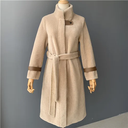 Beige MAOMAO меховое шерстяное пальто женская зимняя куртка с поясом женские пальто из овечьего меха женские жакеты из натурального меха пальто из натурального овечьего меха - Цвет: Beige
