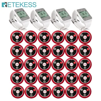 

Retekess Wireless Waiter Call System Restaurant Pager Customer Service 4 TD108 Watch Receiver+30pcs T117 Call Button for Cafe