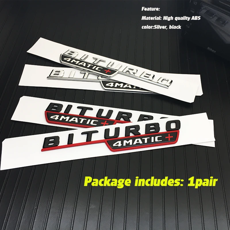 

New 2pcs ABS Decals BITURBO TURBO 4MATIC Emblem Badge Letters Car Front Fender Stickers Trunk Tailgate sticker auto accessorie
