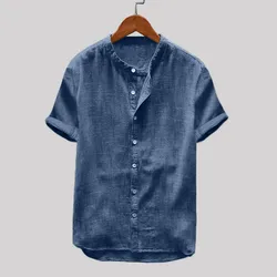 Casual tops moda masculina de linho de algodão cor sólida manga curta retro camisetas tops blusa fashions roupas masculinas 2021