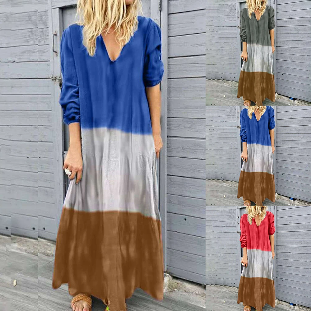 

Plus Size Beach Cover Ups 2019 Women Patchwork Loose Dress Autumn Casual Elegant Long Sleeve Vestidos Office Dresses Party Dress