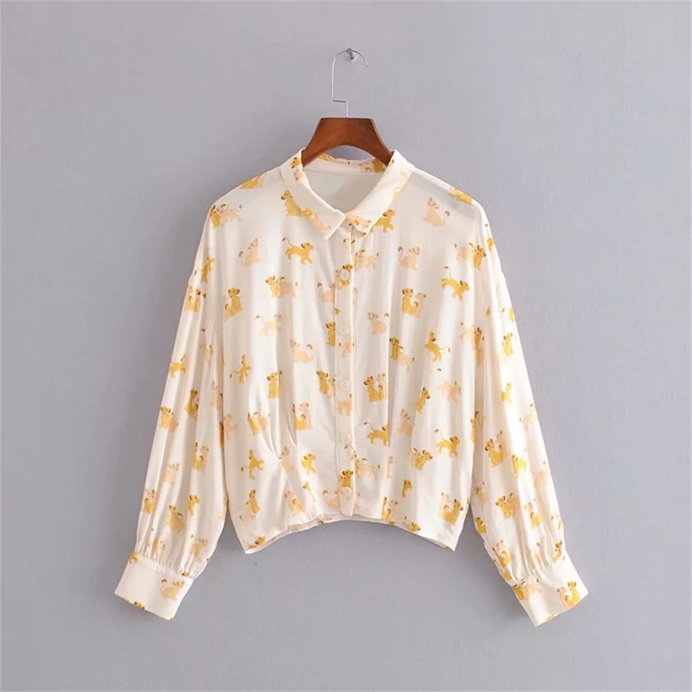 Женская одежда ZA & TRF осенняя Свободная рубашка с длинными рукавами и принтом льва