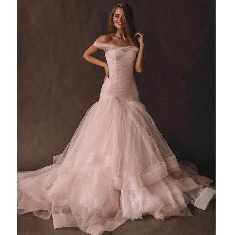 

2020 Off The Shoulder Blush Pink Prom Dresses Mermaid Style Elegant Long Prom Gowns Tiered Skirt Tulle Vestidos De Formal Party