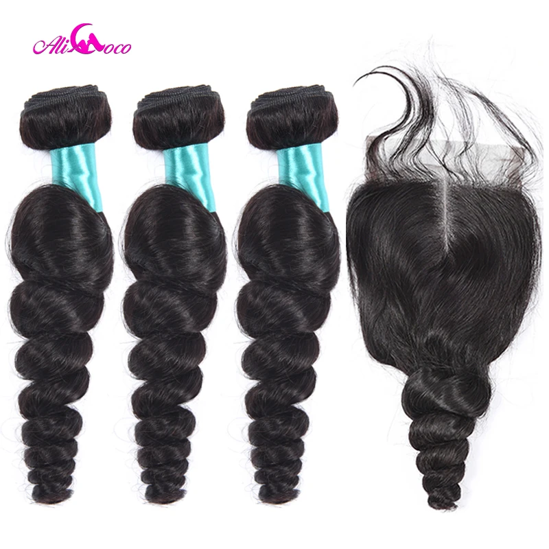 

Ali Coco Malaysian Loose Wave 3 Bundles With Closure 100% Human Hair Weave Bundles with Baby Hair Closure Non-Remy Hair