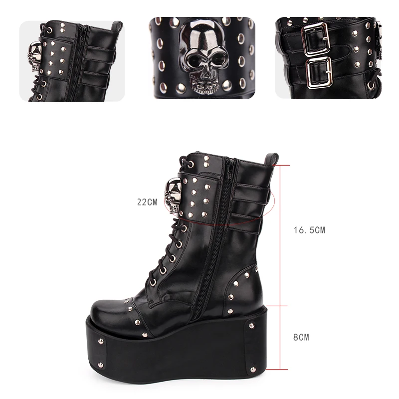 Модные ботинки на шнуровке с заклепками и черепами в готическом стиле панк-рок; ботинки для костюмированной вечеринки в стиле «Лолита» на толстой платформе в стиле панк